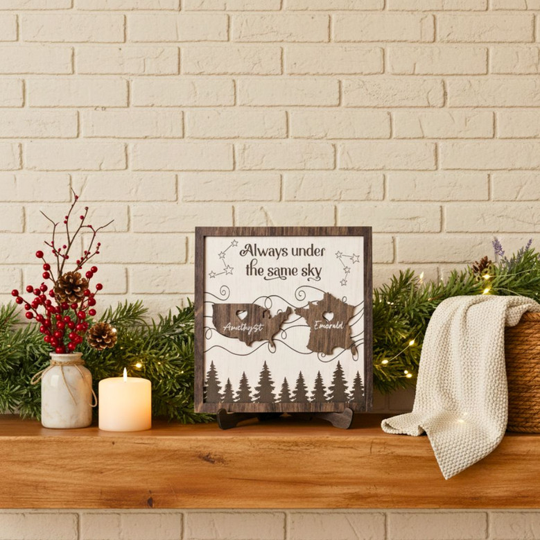 Always Under The Same Sky Wood Sign - Personalized Long Distance Family Gift For Couples Or Moving Away