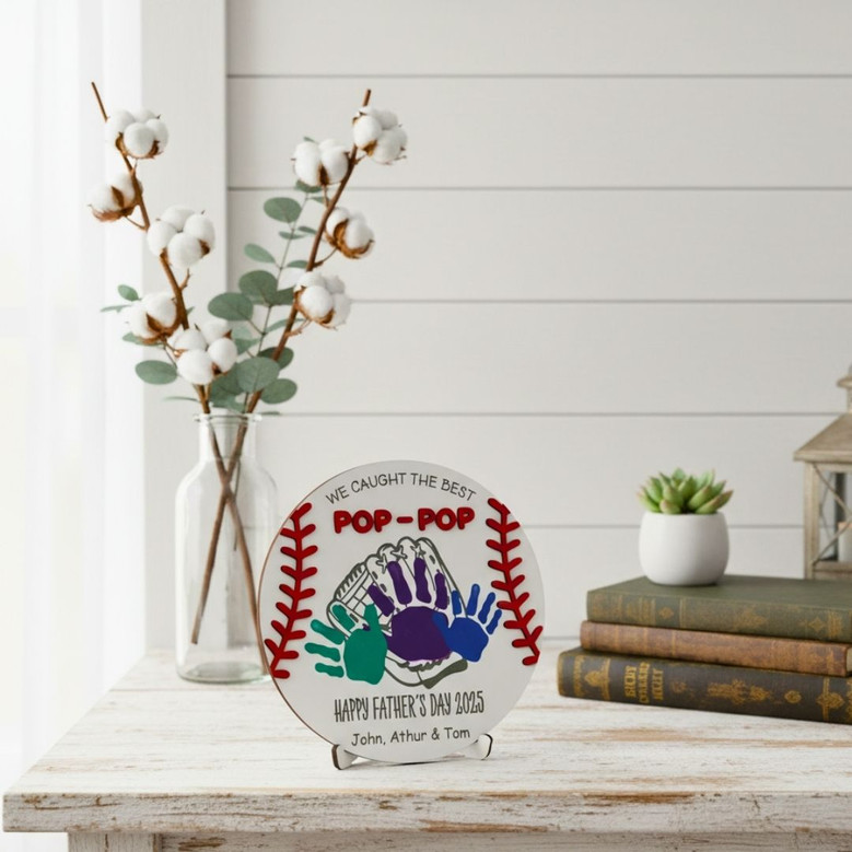 Personalized Dad Handprint Wood Sign For Grandpa - Baseball Theme, Fathers Day Gift, Kids' Handmade Craft