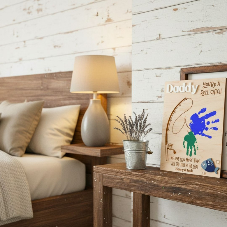 Personalized Fishing Dad Handprint Wood Sign - Unique Father's Day Gift For Grandpa & Dad