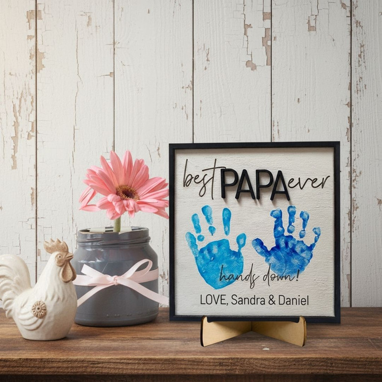 Personalized Dad Handprint Wood Sign - Best Dad Ever Gift From Kids, Custom Message For Father's Day