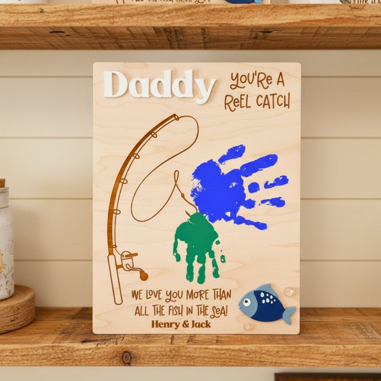 Personalized Fishing Dad Handprint Wood Sign - Unique Father's Day Gift For Grandpa & Dad