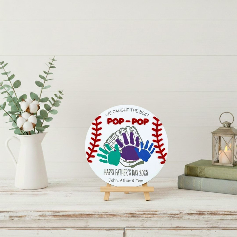 Personalized Dad Handprint Wood Sign For Grandpa - Baseball Theme, Fathers Day Gift, Kids' Handmade Craft