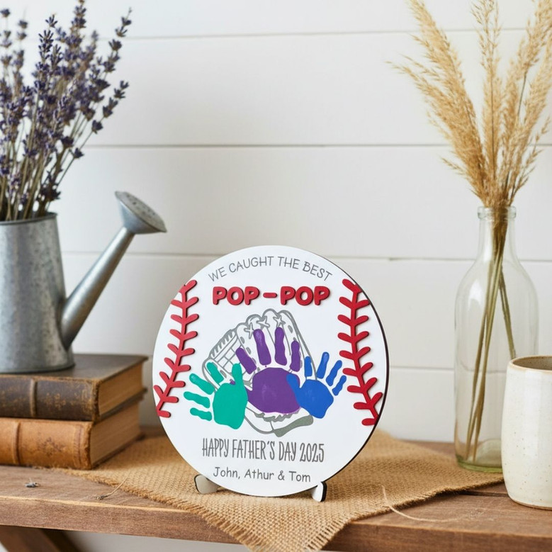 Personalized Dad Handprint Wood Sign For Grandpa - Baseball Theme, Fathers Day Gift, Kids' Handmade Craft
