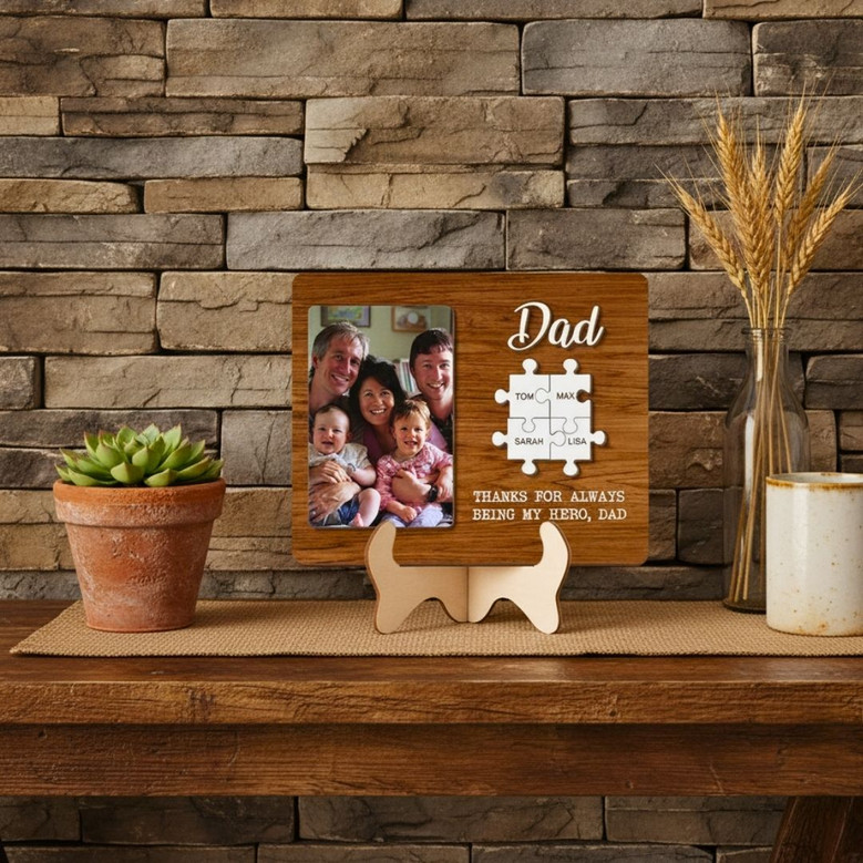 Touching Dad Hero Puzzle Wood Sign - Custom Kid's Name - Father's Day Gift - Thoughtful Personalized Plaque