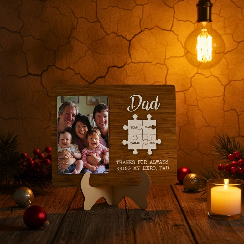 Touching Dad Hero Puzzle Wood Sign - Custom Kid's Name - Father's Day Gift - Thoughtful Personalized Plaque