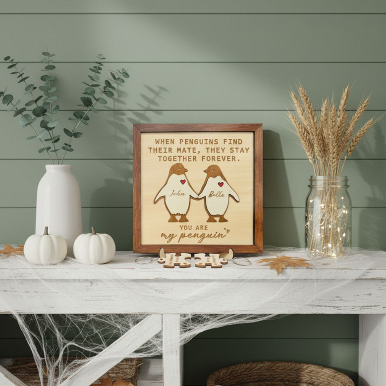 Valentine Penguin Couple Wood Sign Wedding Gift For Him & Her Valentine Penguin Couple Wood Sign Wedding Gift For Him & Her