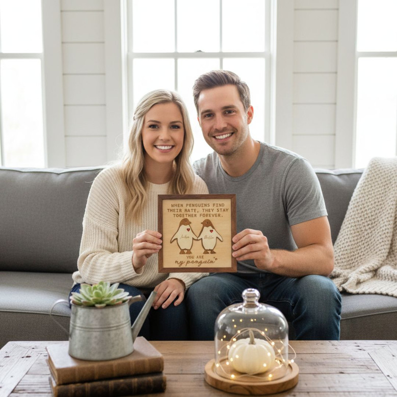 Valentine Penguin Couple Wood Sign Wedding Gift For Him & Her Valentine Penguin Couple Wood Sign Wedding Gift For Him & Her