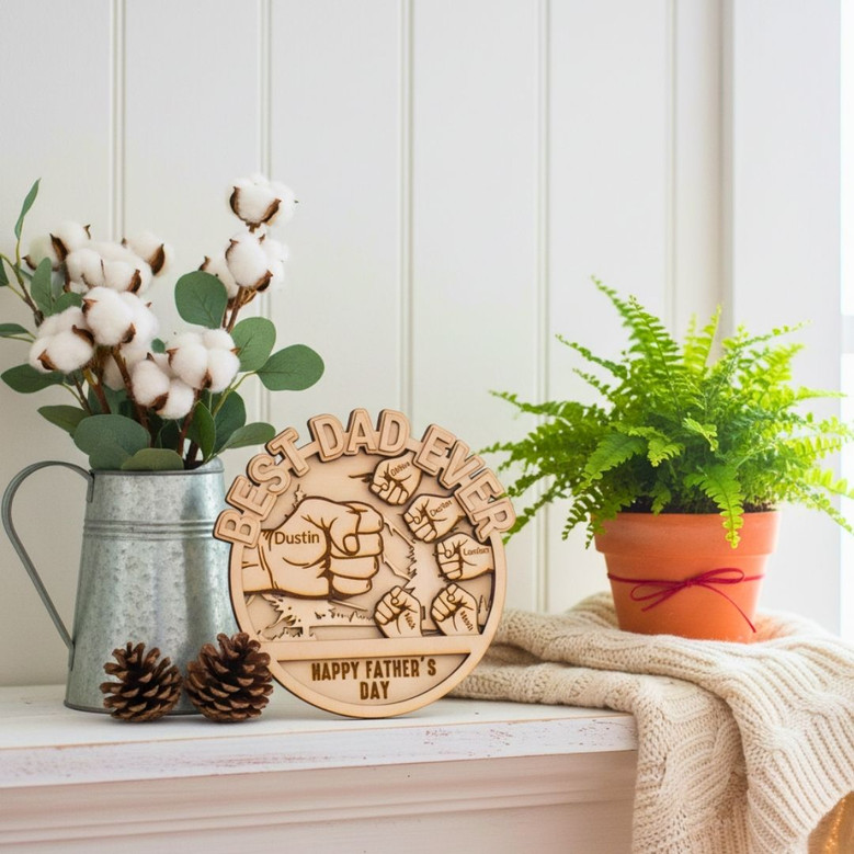 Thoughtful Best Dad Ever Wood Sign With Fist Bump Design - Personalized Gift For Him On Father's Day