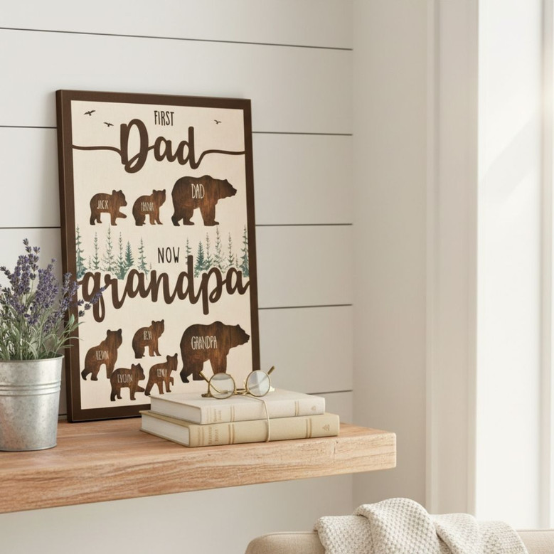 Thoughtful First Dad Now Grandpa Wood Sign - Personalized Gift For Papa Bear With Kids' Names