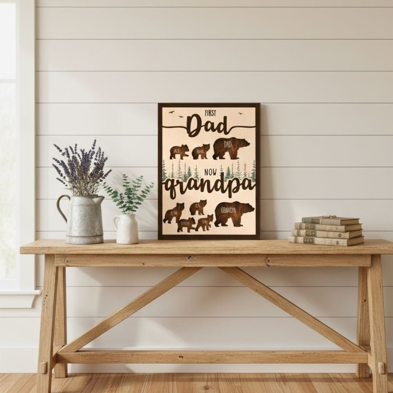 Thoughtful First Dad Now Grandpa Wood Sign - Personalized Gift For Papa Bear With Kids' Names