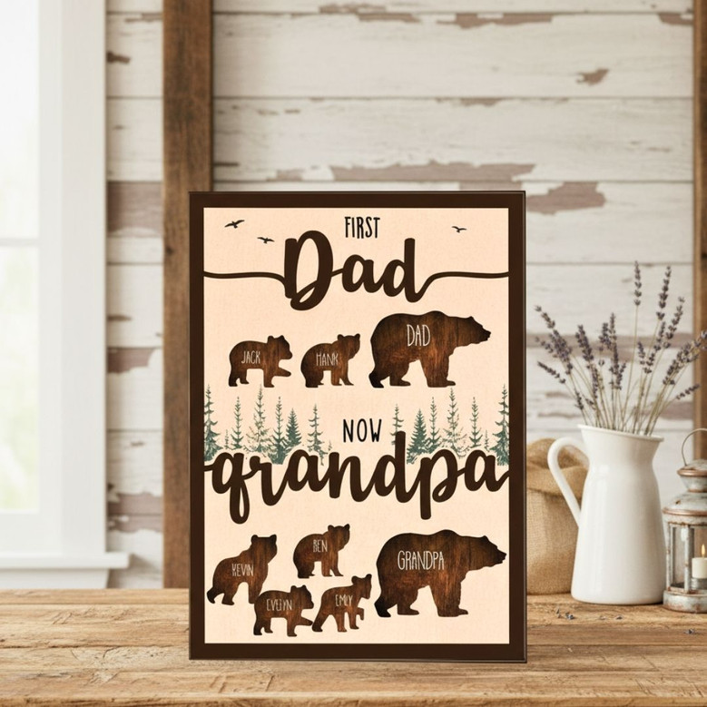 Thoughtful First Dad Now Grandpa Wood Sign - Personalized Gift For Papa Bear With Kids' Names