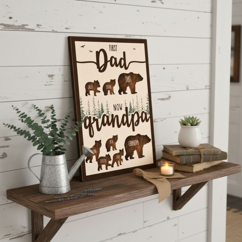 Thoughtful First Dad Now Grandpa Wood Sign - Personalized Gift For Papa Bear With Kids' Names