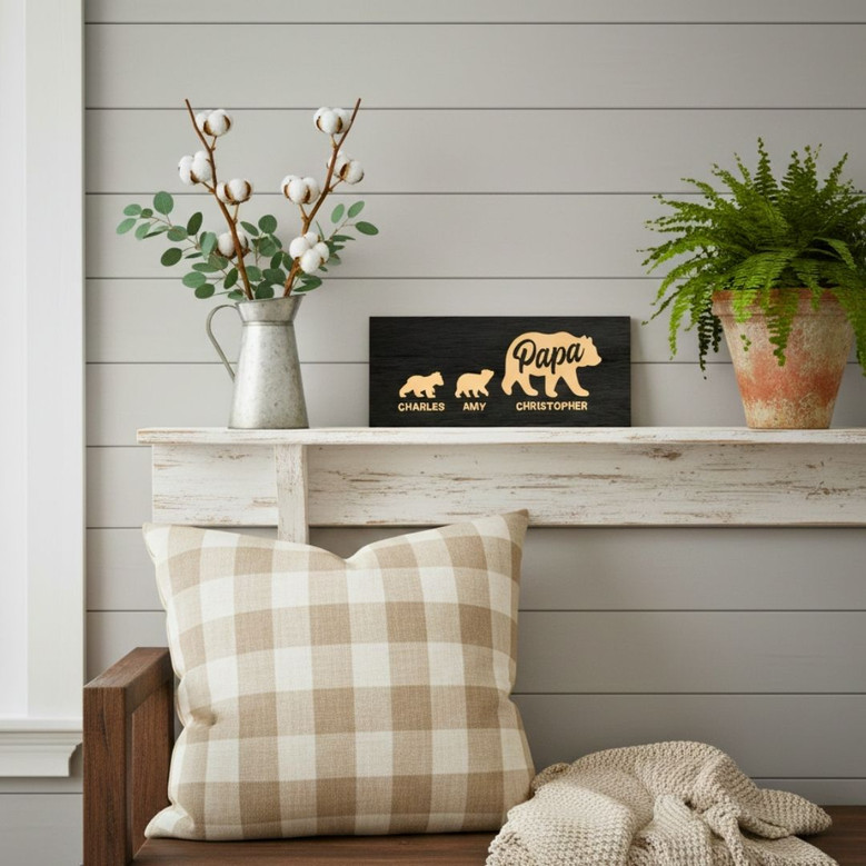 Personalized Papa Bear Wall Decor For Dad's Birthday From Daughter Or Wife - Rustic Wood Sign