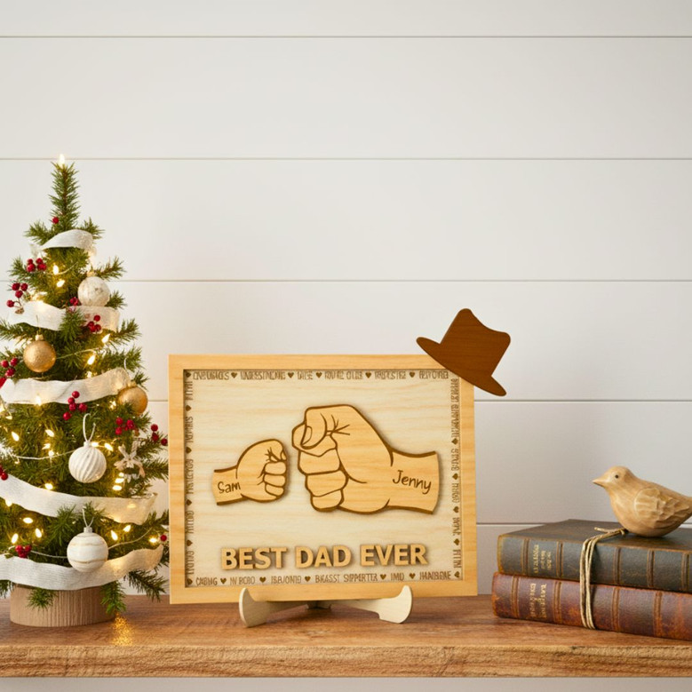 Personalized Dad And Kid Fist Bump Layer Wood Sign Father's Day Gift