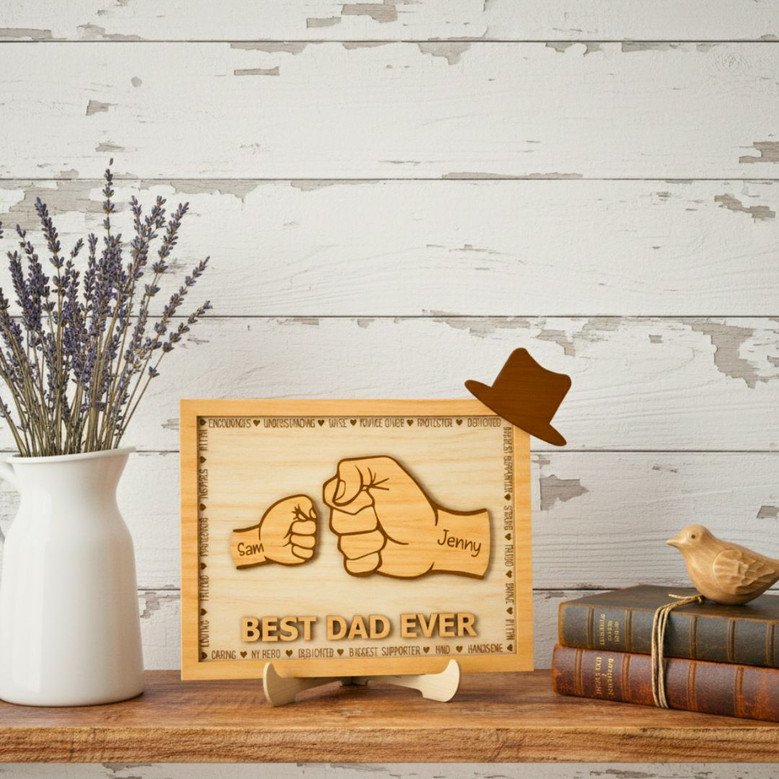 Personalized Dad And Kid Fist Bump Layer Wood Sign Father's Day Gift