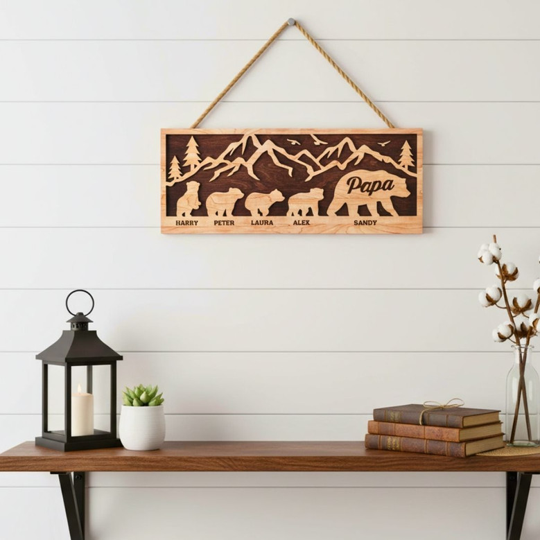 Heartfelt Personalized Papa Bear Wood Sign For Father's Day, Christmas, Birthday – Thoughtful Dad Home DéCor Gift