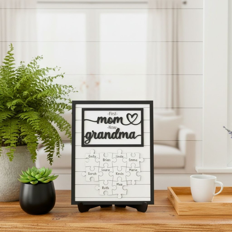 Personalized First Mom Now Grandma Puzzle Piece Wood Sign For Mom - Special Gift With Grandchildren Names