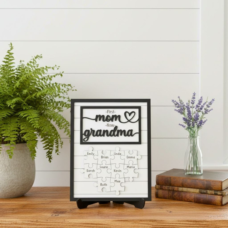 Personalized First Mom Now Grandma Puzzle Piece Wood Sign For Mom - Special Gift With Grandchildren Names