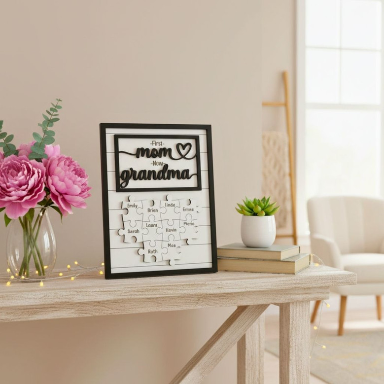 Personalized First Mom Now Grandma Puzzle Piece Wood Sign For Mom - Special Gift With Grandchildren Names