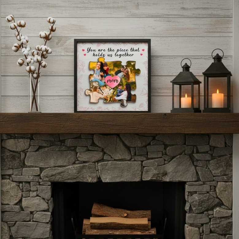 Personalized Mom Puzzle Wood Sign For Mother's Day - Custom Photo Collage Gift For Living Room Decor