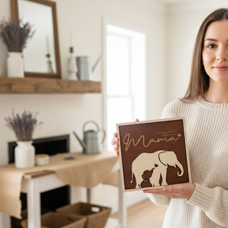Thoughtful Elephant Family Wood Sign - Personalized Gift For Mom, Dad, Grandma & Grandpa For Mother's Day Or Father's Day Decor