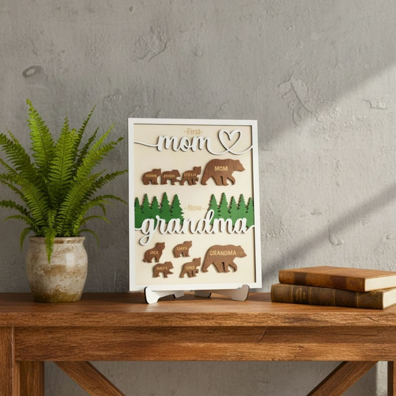 First Mom Now Grandma Bear Family 3D Wood Sign - Personalized Plaque For Living Room DéCor
