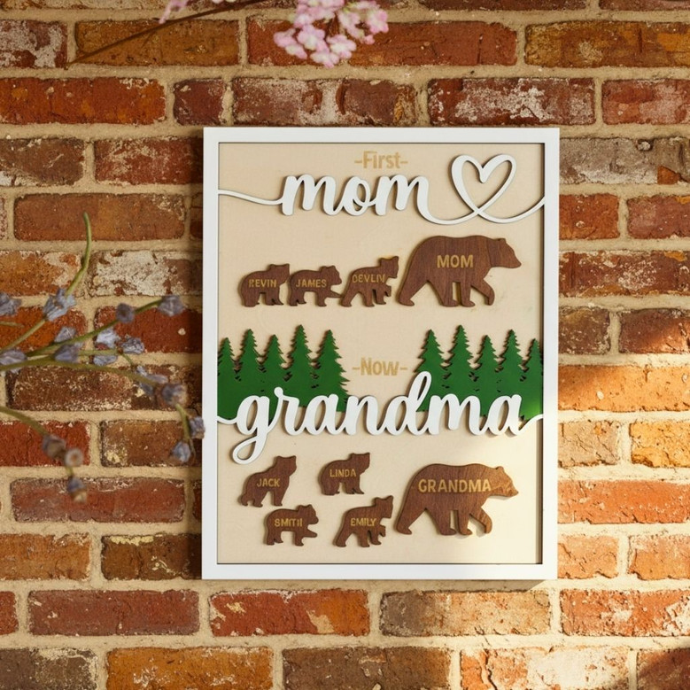 First Mom Now Grandma Bear Family 3D Wood Sign - Personalized Plaque For Living Room DéCor