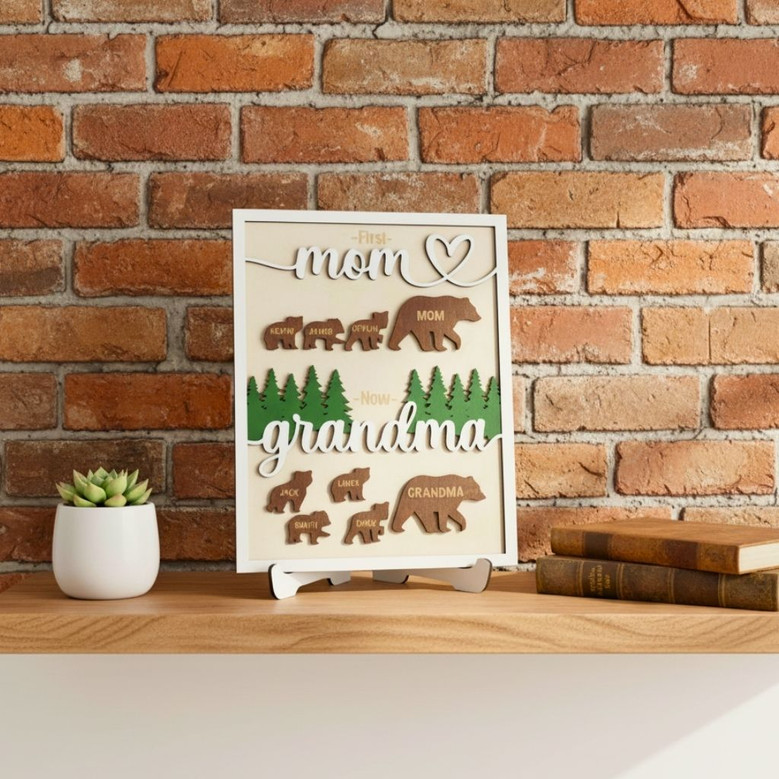First Mom Now Grandma Bear Family 3D Wood Sign - Personalized Plaque For Living Room DéCor