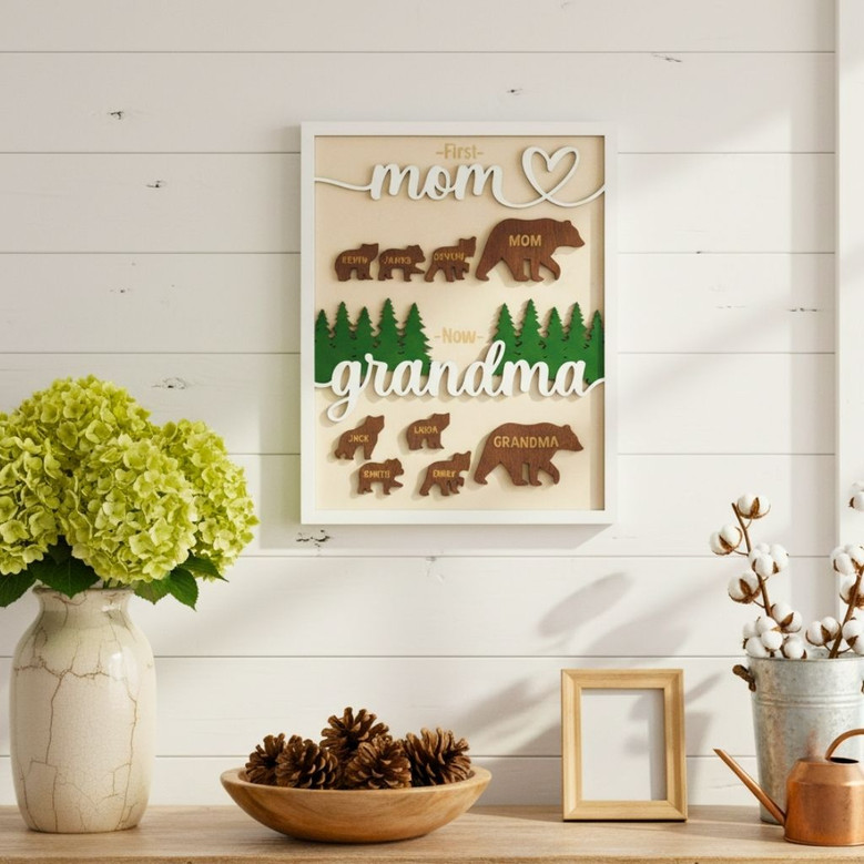 First Mom Now Grandma Bear Family 3D Wood Sign - Personalized Plaque For Living Room DéCor