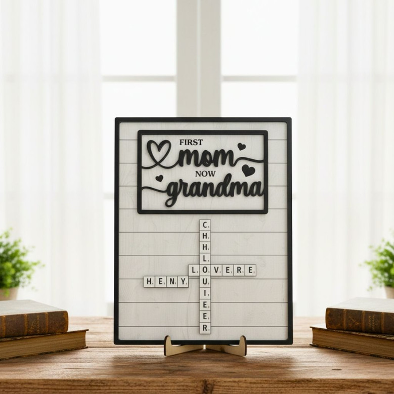 Personalized Wood Sign - First Mom Now Grandma Crossword With Kids' Names - Mother's Day & Birthday Gift