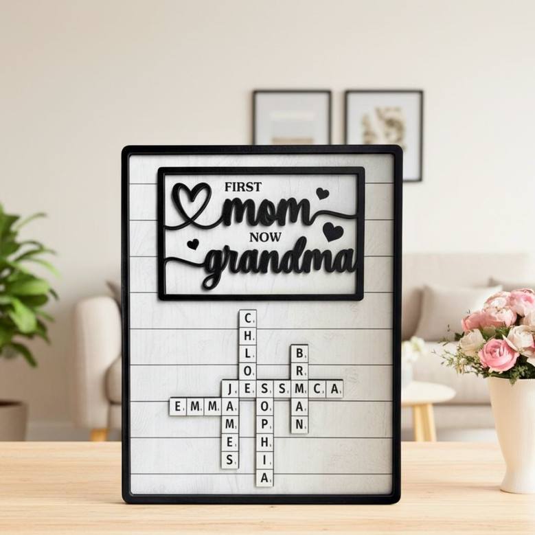 Personalized Wood Sign - First Mom Now Grandma Crossword With Kids' Names - Mother's Day & Birthday Gift