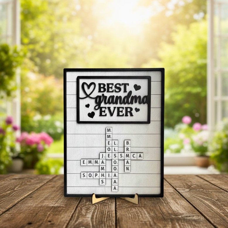 Personalized Wood Sign - First Mom Now Grandma Crossword With Kids' Names - Mother's Day & Birthday Gift