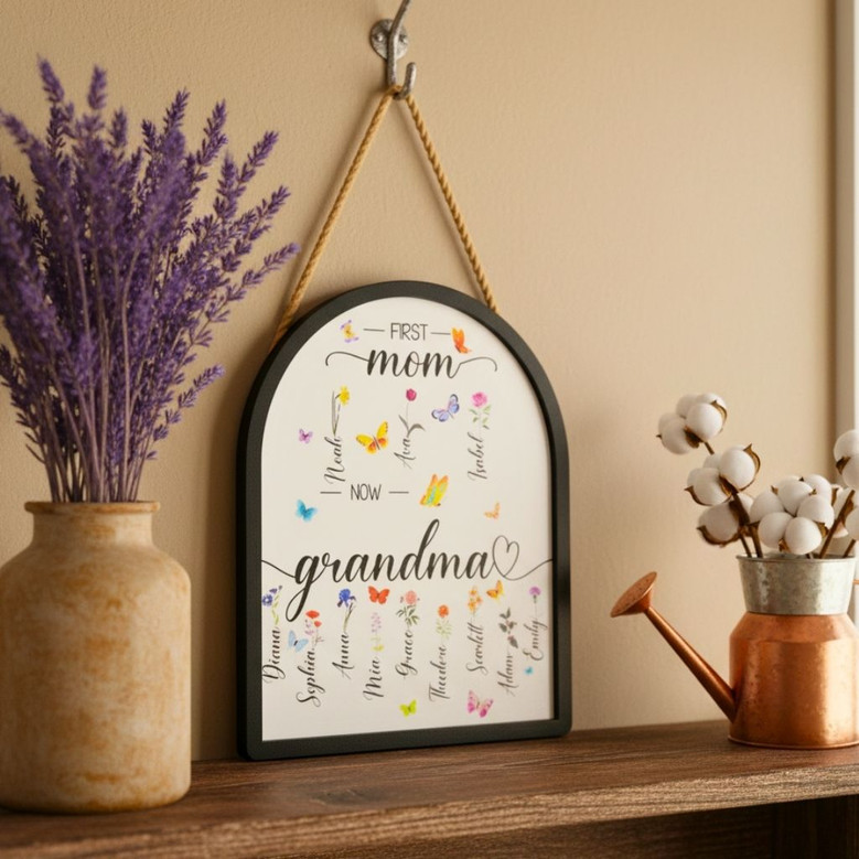 Personalized First Mom Now Grandma Wood Sign - Thoughtful Mother's Day Gift - Custom Grandma Garden Birth Flower Decor