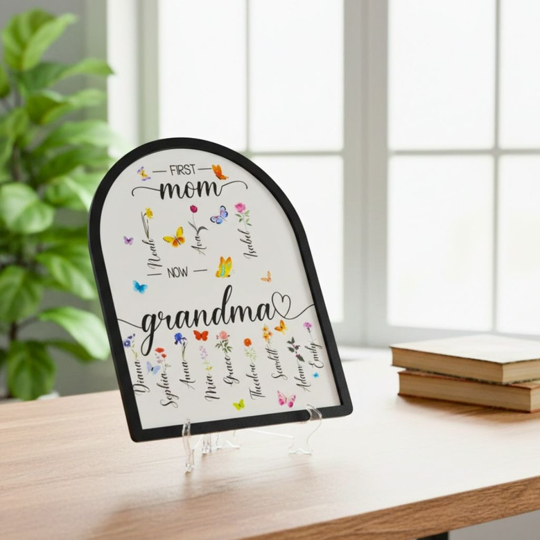 Personalized First Mom Now Grandma Wood Sign - Thoughtful Mother's Day Gift - Custom Grandma Garden Birth Flower Decor