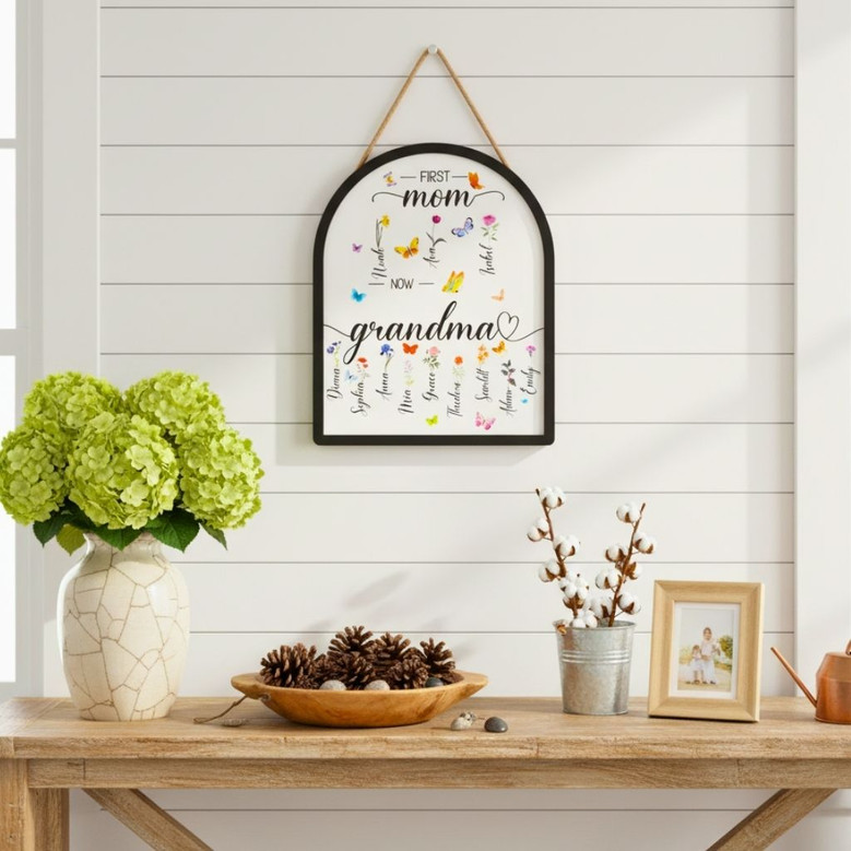 Personalized First Mom Now Grandma Wood Sign - Thoughtful Mother's Day Gift - Custom Grandma Garden Birth Flower Decor