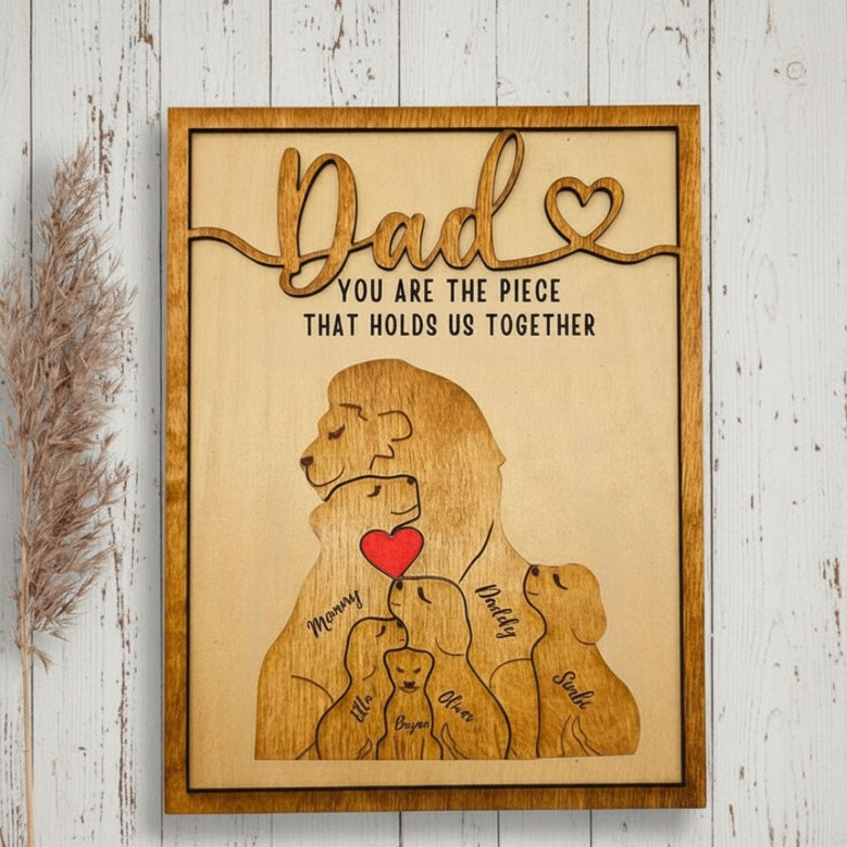 Personalized Dad Puzzle Wood Sign With Lion Family - Thoughtful Gift For Father's Day Or Anniversary