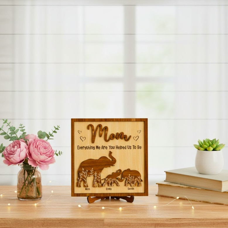 Personalized Mama Elephant Puzzle Wood Sign For Mom - Thoughtful Mother's Day Gift With Kids Name And Family Plaque