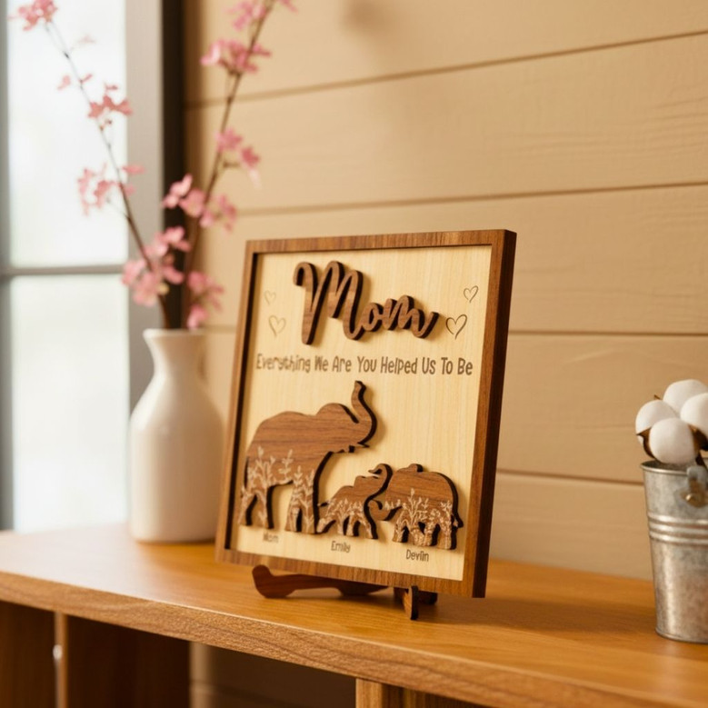 Personalized Mama Elephant Puzzle Wood Sign For Mom - Thoughtful Mother's Day Gift With Kids Name And Family Plaque