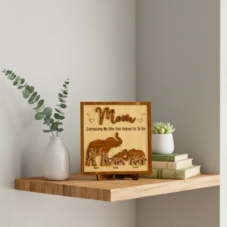 Personalized Mama Elephant Puzzle Wood Sign For Mom - Thoughtful Mother's Day Gift With Kids Name And Family Plaque