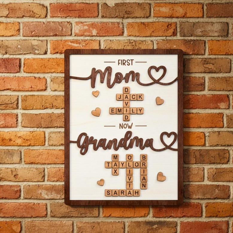 Personalized First Mom Now Grandma Wood Sign - Mother's Day Gift For Grandma, Crossword Puzzle Design
