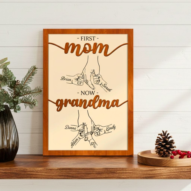 Personalized First Mom Now Grandma Wood Sign With Kids Holding Hands - Impressive Mother's Day Gift