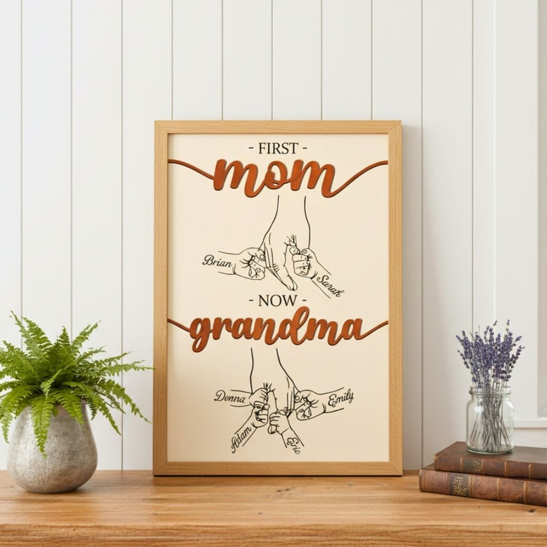 Personalized First Mom Now Grandma Wood Sign With Kids Holding Hands - Impressive Mother's Day Gift