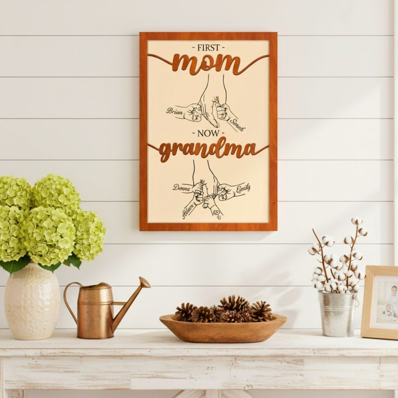 Personalized First Mom Now Grandma Wood Sign With Kids Holding Hands - Impressive Mother's Day Gift
