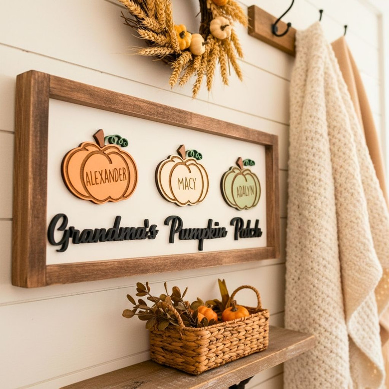 Touching Pumpkin Patch Wood Sign For Mom & Grandma - Personalized Family Kitchen Decor
