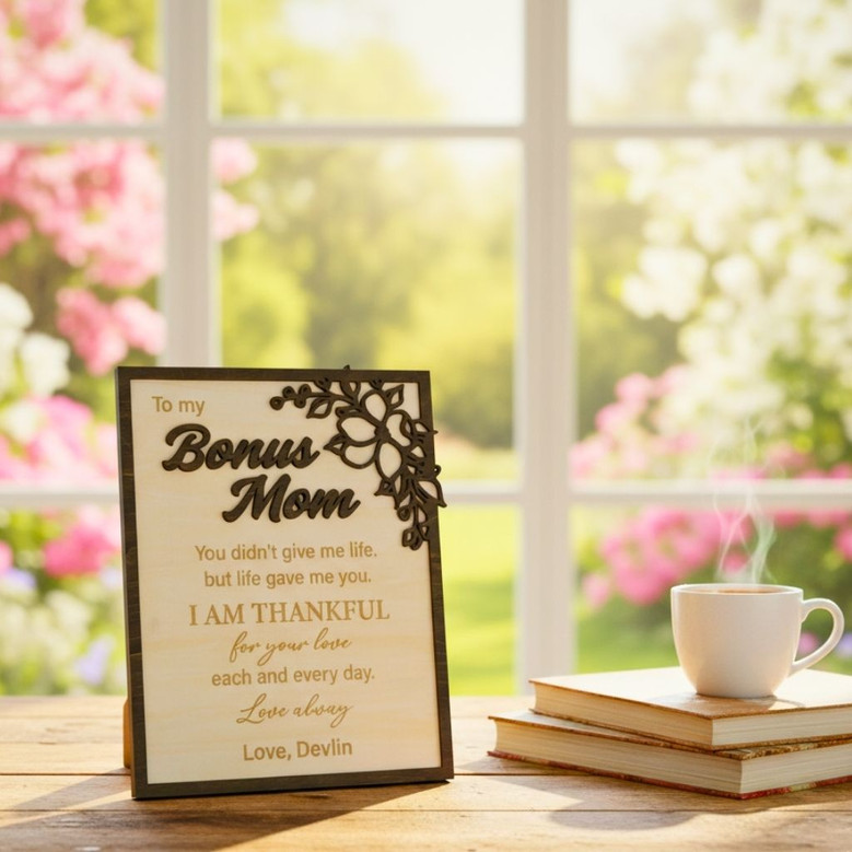 Stepped Up Mom Floral Wood Sign - Personalized Gift For Bonus Mom - Thoughtful Step Mom Message Stepped Up Mom Floral Wood Sign - Personalized Gift For Bonus Mom - Thoughtful Step Mom Message