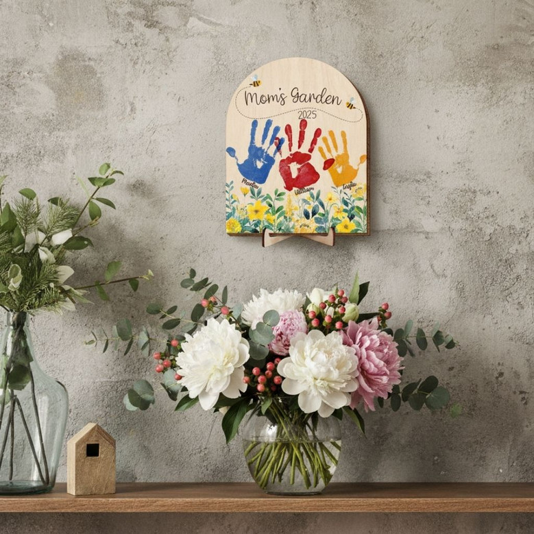 Personalized Mom's Garden Handprint Wood Sign For Mother’s Day From Kids - Heartfelt Family Keepsake Gift