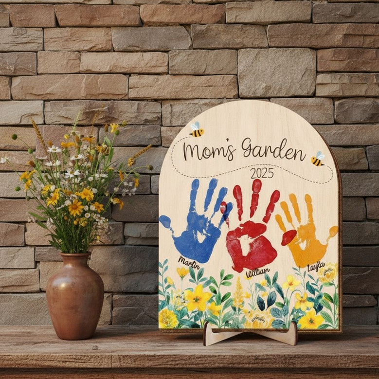Personalized Mom's Garden Handprint Wood Sign For Mother’s Day From Kids - Heartfelt Family Keepsake Gift
