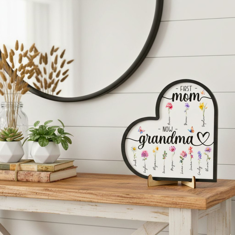 First Mom Now Grandma Heart Wood Sign - Personalized Mother's Day Gifts