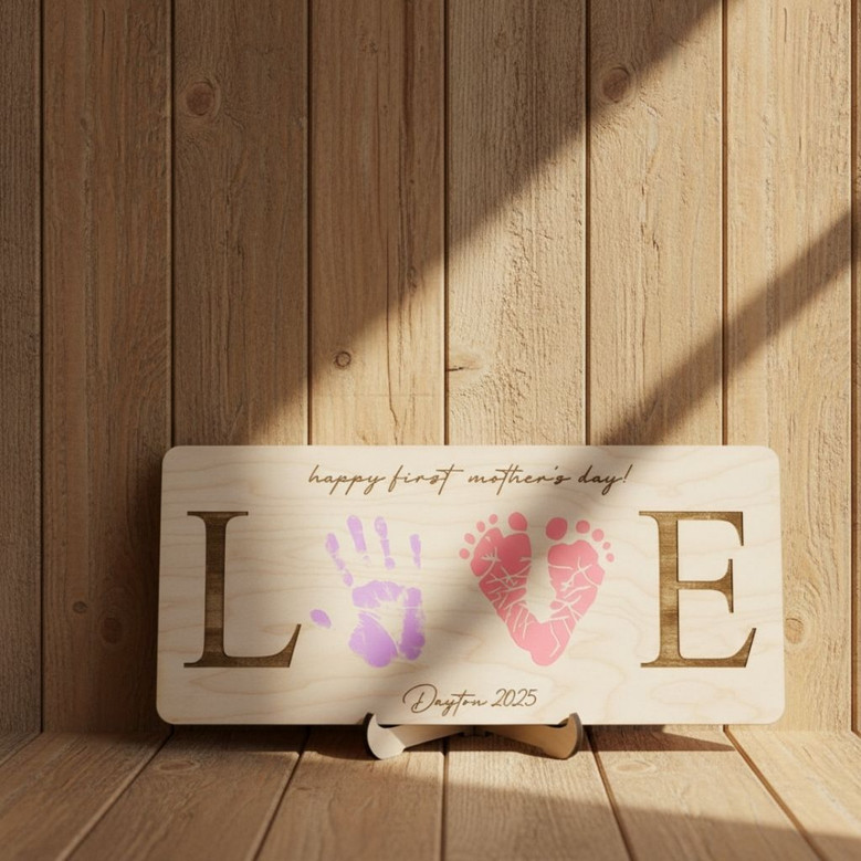 Personalized Mom Handprint Wood Sign - Baby's First Mother's Day Gift For New Moms, Heartfelt Footprint Art Decor