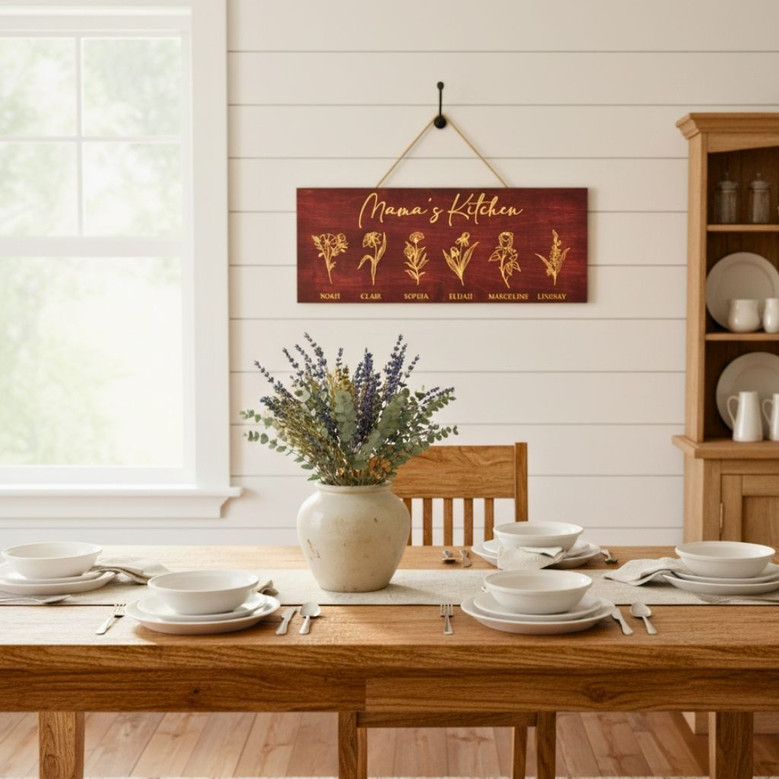 Personalized Mom's Kitchen Wood Sign With Birth Flower - Mother's Day Gift, Grandma's Garden